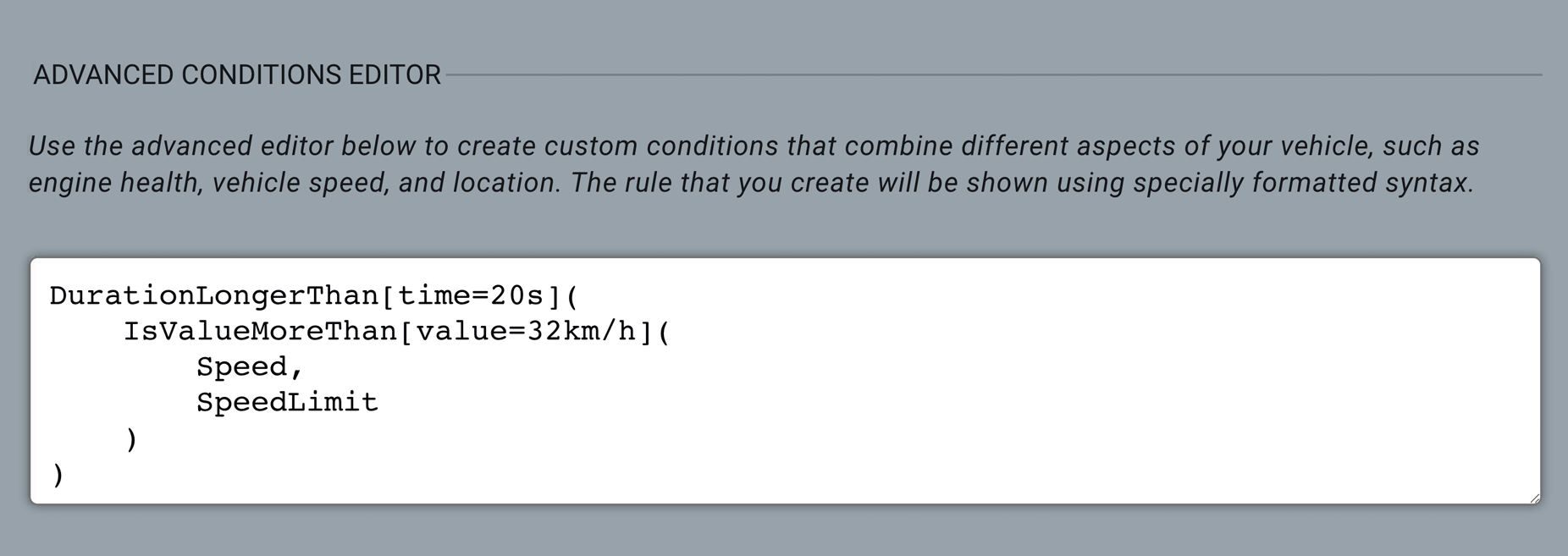 Screenshot of code to set rule on MyGeotab
